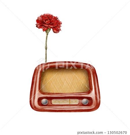 Symbol of Portuguese revolution-vintage red radio with red carnation instead of an antenna,nostalgic mid-century design.Retro tech art with knobs,dials and antique aesthetics.Watercolor illustration 130502670