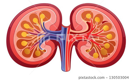 A high-resolution scan of a human kidney, showcasing its intricate internal structures and complex network of blood vessels, provides a detailed anatomical representation ideal for medical textbooks, A high-resolution scan of a human kidney, showcasing its intricate internal structures and complex network of blood vessels, provides a detailed anatomical representation ideal for medical textbooks, 130503004