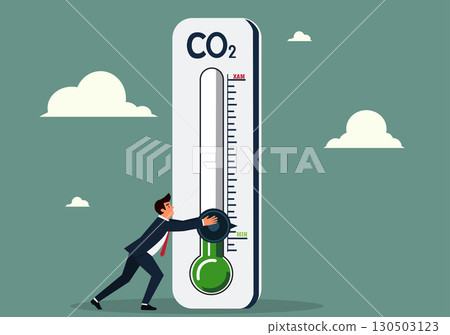 flat llustration of Man turning gauge arrow pointer to lowest level of CO2.  emission.  130503123