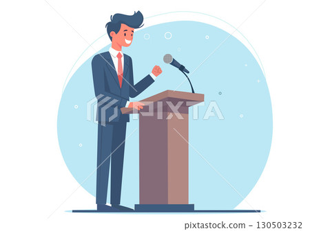 Flat illustration of a man in a suit standing and speaking on a stage at a podium. Flat illustration of a man in a suit standing and speaking on a stage at a podium. 130503232
