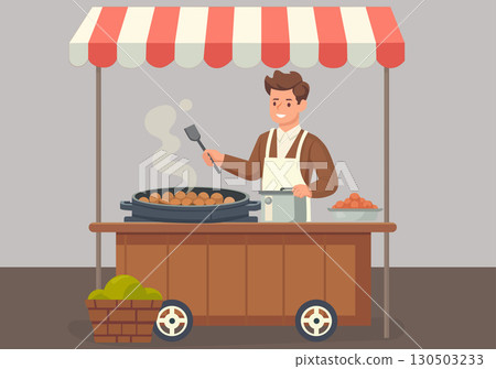 Flat illustration of a vendor in an apron cooking fried food at a market stall. Flat illustration of a vendor in an apron cooking fried food at a market stall. 130503233