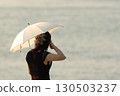 A woman holding a parasol and gazing at the sea 130503237