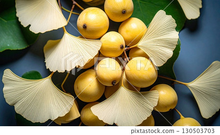 充滿日式氛圍的秋季銀杏和銀杏葉的構圖 充滿日式氛圍的秋季銀杏和銀杏葉的構圖 130503703