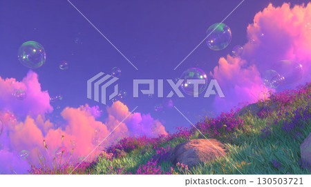 紫色天空和漂浮氣泡點綴的夢幻草地 130503721