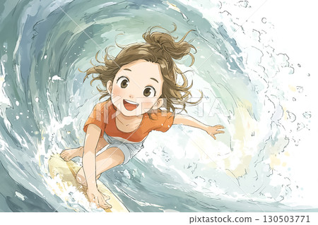 Miyu 系列：短髮女衝浪者（全身）駕馭大浪管 130503771