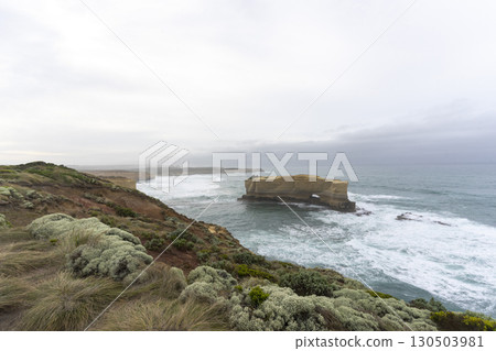 The Bakers Oven so called for the shape of the natural arch in the cliff face. A sea stack on the coast of the Great ocean Road, Australia. 130503981