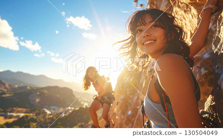 以日落為背景的攀岩（女子攀岩探險） 130504049