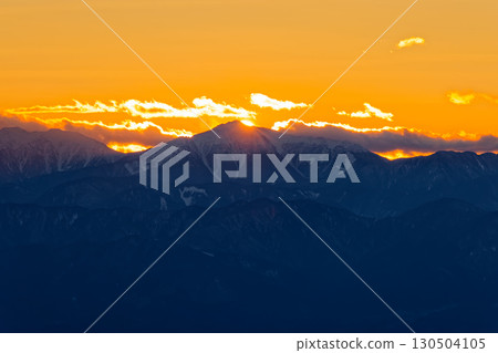Sunset over Mount Arakawa in the Southern Alps as seen from Shiratani-no-maru in the Daibosatsu Range 130504105