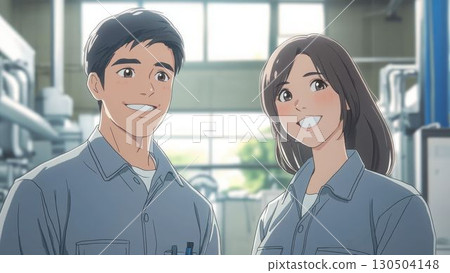 Anime-style illustration of a man and woman in work clothes smiling at a factory 130504148