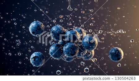 Fresh Blueberries in Water with Splashes and Bubbles in Motion 130504263