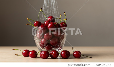 Fresh Red Cherries in a Glass Bowl Being Rinsed With Water 130504282