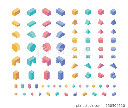 簡單可愛的積木插圖裝飾套裝 — 等距、立體、玩具、幾何形狀 簡單可愛的積木插圖裝飾套裝 — 等距、立體、玩具、幾何形狀 130504310