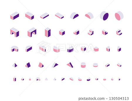 Simple and cute building block illustration decoration set - isometric, three-dimensional, toy, geometric shapes 130504313