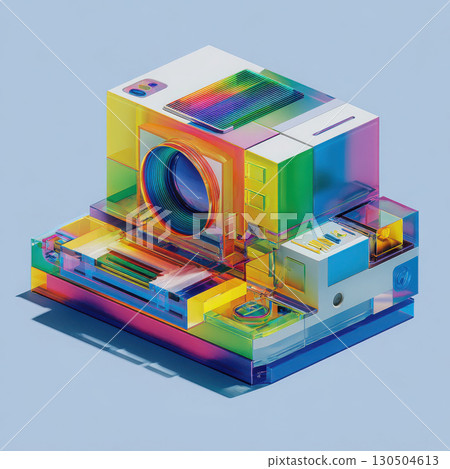 Colorful transparent camera with rainbow hues on blue background Colorful transparent camera with rainbow hues on blue background 130504613