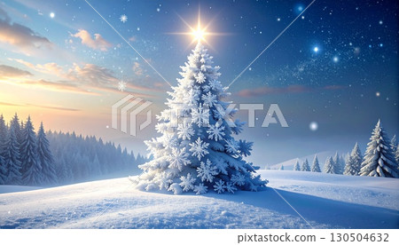 A shining Christmas tree on a snowy field - AI-generated illustration A shining Christmas tree on a snowy field - AI-generated illustration 130504632