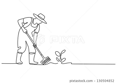 A Continuous Line Drawing of a Farmer Digging the Soil and a Plant Sprouting 130504852