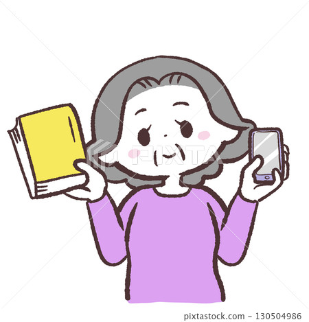 Illustration of a senior woman holding a book and a smartphone 130504986
