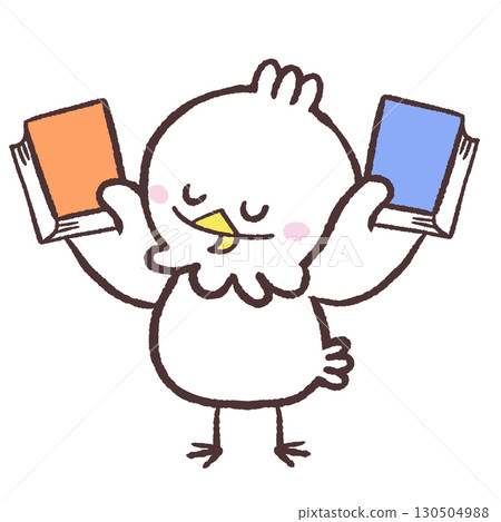 Illustration of a talking white bird holding a book in each hand 130504988