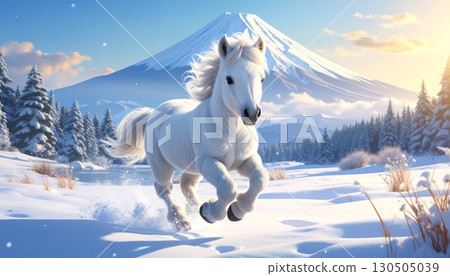 3D illustration of a white horse galloping through the snow with Mt. Fuji and sunrise in the background. New Year's card material for the Year of the Horse. Snow scene. 130505039