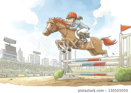 馬術比賽中，運動員和馬跳過障礙物 130505050