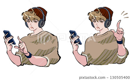 一位男士戴著耳機聽音樂，看著他的智慧型手機。圖示集顯示一位男士發現了某樣東西並指向上方 130505400