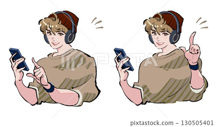 A man listening to music with headphones and looking at his smartphone. Icon illustration set looking at you and smiling. 130505401
