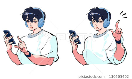 A man listening to music with headphones and looking at his smartphone. Icon set of a man finding something and pointing up 130505402