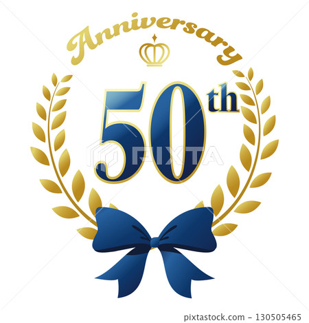 50th anniversary icon. Blue ribbon and decorative frame. 50th anniversary icon. Blue ribbon and decorative frame. 130505465