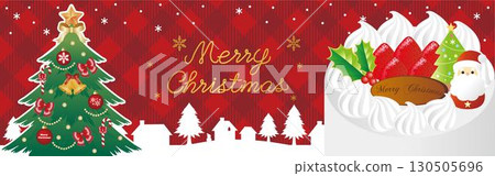 Banner advertising Christmas cake tree Santa cityscape silhouette frame background illustration Banner advertising Christmas cake tree Santa cityscape silhouette frame background illustration 130505696