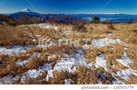 View of the Daibosatsu Range, Okura Takamaru grassland, Mt. Fuji, and the Southern Alps View of the Daibosatsu Range, Okura Takamaru grassland, Mt. Fuji, and the Southern Alps 130505774