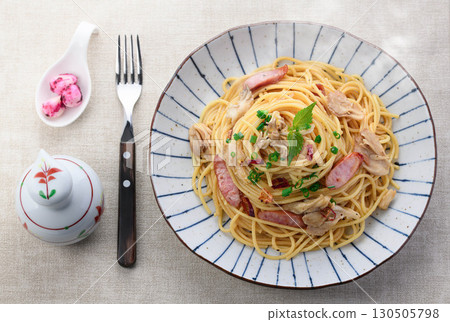 Maitake mushroom and sausage butter and soy sauce pasta Appetizing Japanese-style spaghetti 130505798