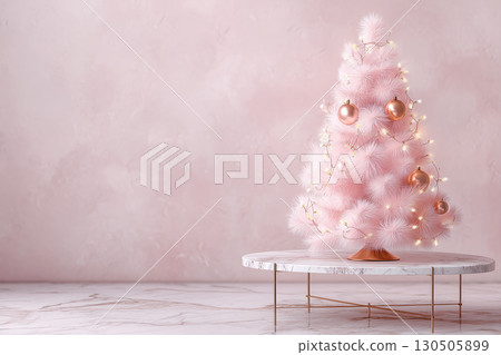Pink Christmas tree and simple background | Feminine and glamorous winter design 130505899