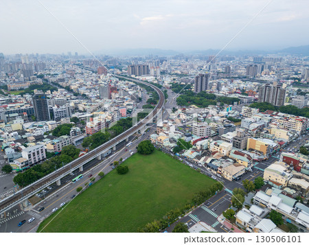 Aerial view of Taichung City's East District and elevated railway. Taichung City, Taiwan 130506101