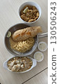 Delicious crispy fish fillet and pasta in a bowl and pan with mozzarella  130506243