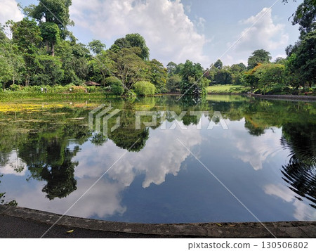 Serene lakeside reflection amidst lush greenery and blue skies in a tranquil park setting 130506802