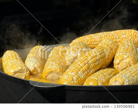 Corn on the cob is boiled in a cast iron pan. Corn on the cob is boiled in a cast iron pan. 130506981