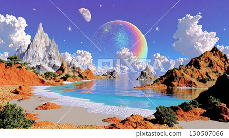 Fantasy landscape illustration featuring colorful planets and otherworldly seaside 130507066