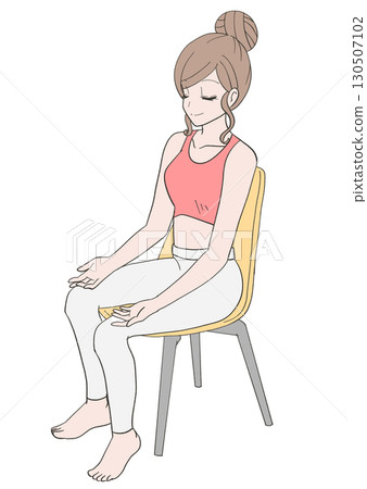 Illustration of a woman sitting in a chair and meditating with her palms facing up Illustration of a woman sitting in a chair and meditating with her palms facing up 130507102