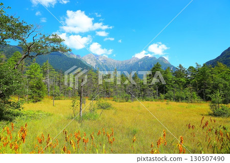 夏季的上高地、田代濕原和穗高山脈 夏季的上高地、田代濕原和穗高山脈 130507490