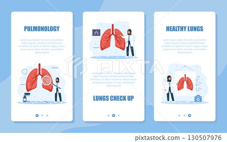 Pulmonology banner set. Lungs exam and treatment. Muslim Female pulmonologist make diagnosis and choose therapy. X ray and fluorography concept. Vector illustration in flat cartoon style Pulmonology banner set. Lungs exam and treatment. Muslim Female pulmonologist make diagnosis and choose therapy. X ray and fluorography concept. Vector illustration in flat cartoon style 130507976