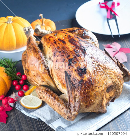 Golden Roasted Turkey with Pumpkins on Wooden Table for Thanksgiving 130507994