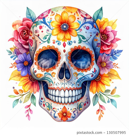 Vibrant Watercolor Skull Surrounded by Colorful Floral Decoration on White Background 130507995