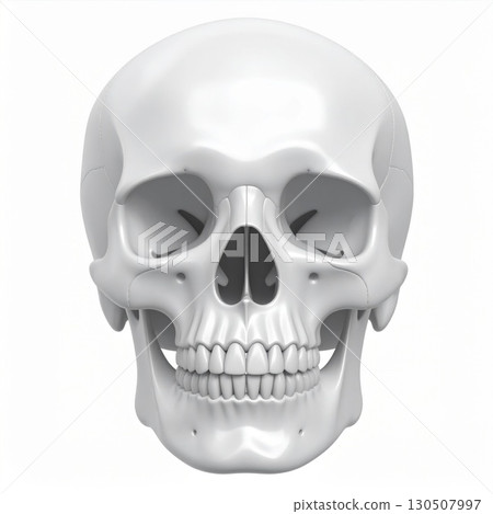 Frontal View of a Detailed White Anatomical Skull Isolated on White Background 130507997
