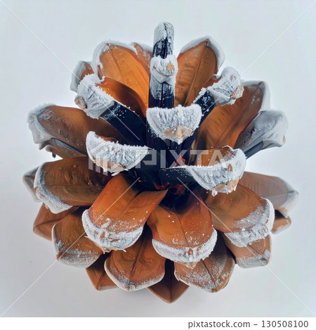 Close Up Top Down View of a Pine Cone with Frost White Background 130508100