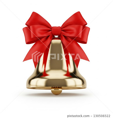 Golden Bell with Red Bow on White Background Festive Holiday Season 130508322