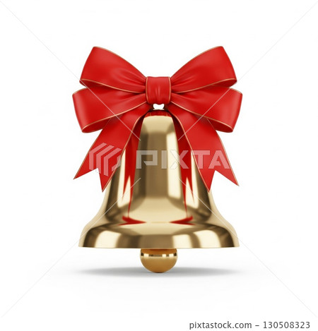 Golden Jingle Bell Ornament Topped with a Red Bow on White Background 130508323