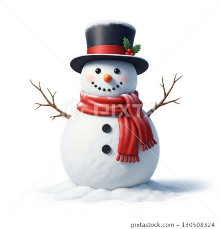 Cheerful Snowman with Black Top Hat and Red Scarf on White Background 130508324