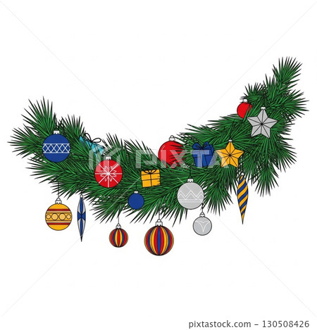 Festive Christmas Garland with Colorful Ornaments and Green Pine Branches on White Background 130508426