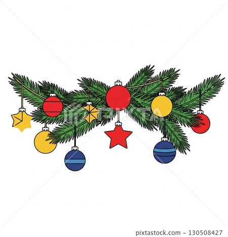 Festive Evergreen Garland Adorned with Colorful Baubles and Stars on White Backdrop 130508427