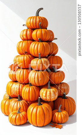 Stacked Orange Pumpkins Arranged As Tree on White Background 130508557